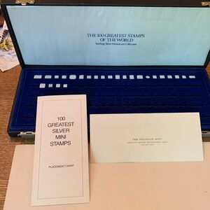 Collection of 25 mini sterling silver stamps from around the world in hard case